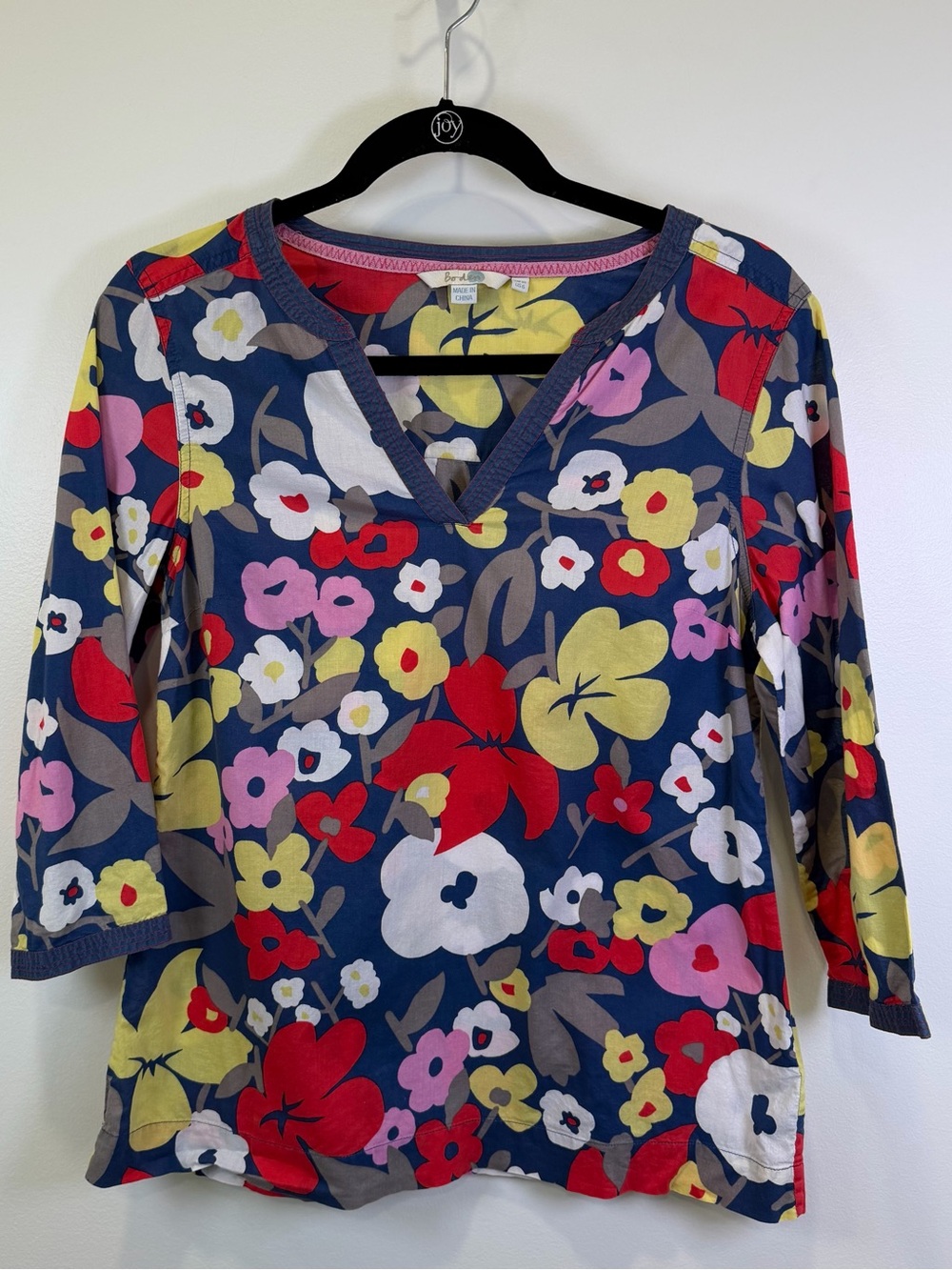 Boden Multi Floral Roberta V Neck 3/4 Sleeve Cotton Blouse Shirt US 6 Pop Art